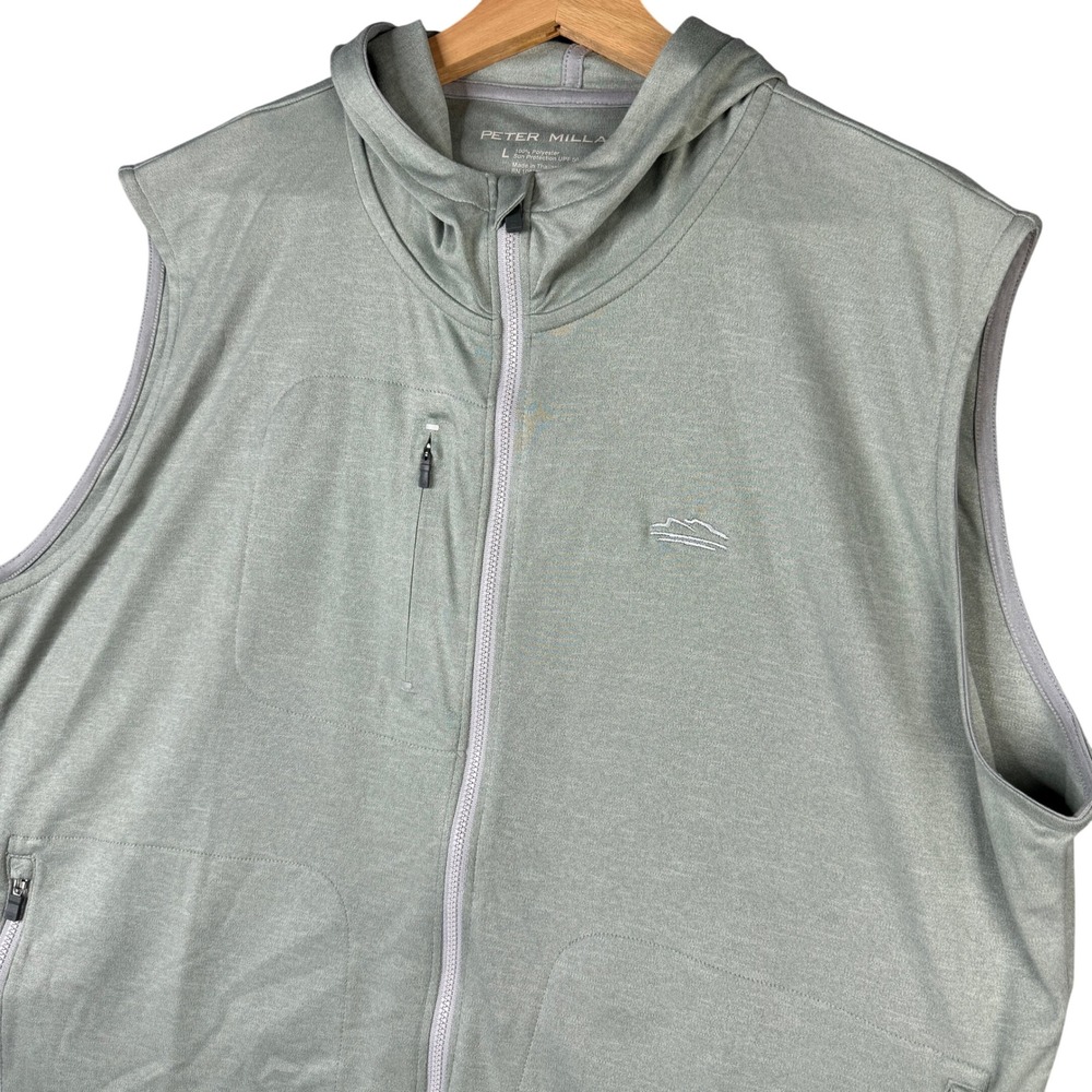 Peter Millar Mens Sun Protection UPF 50+ Full Zip Hooded Vest Sage Green Large